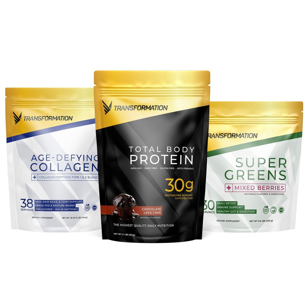 Transformation Chocolate Protein Powder | 30G Multi-Protein Superblend+ Grass-Fed Hydrolyzed Collagen Peptides Powder- Hair, Skin, Nails+ Organic Super Greens Superfood Powder- Immune & Energy Support
