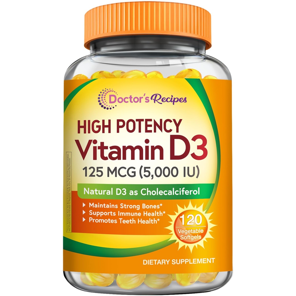 Doctor's Recipes Vitamin D3 5000IU, Immune Support for Bones, Teeth, and Immune Function, Non-GMO, No Gelatin, Gluten or Soy, 120 Vegetarian Softgels