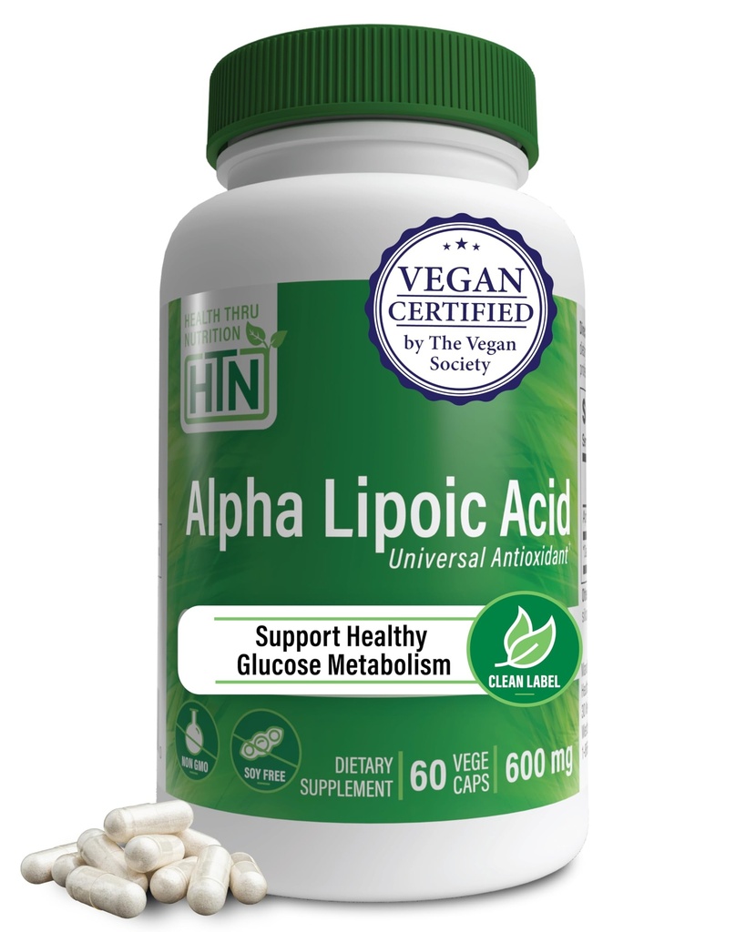 Health Thru Nutrition Alpha Lipoic Acid 600mg 60 Servings | Certified Vegan | Universal Antioxidant | Non-GMO, 3rd Party Tested, Hypoallergenic, Gluten Free, Soy Free ALA Capsules