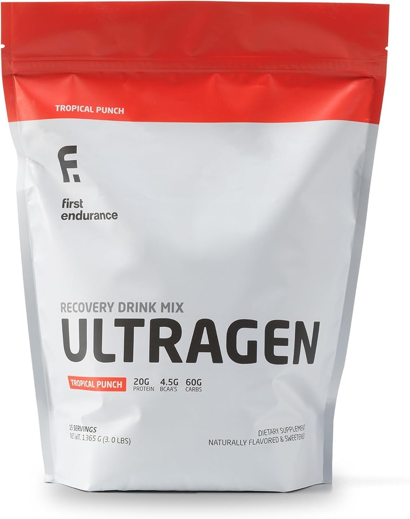 FIRST ENDURANCE Ultragen Workout Recovery Drink Powder, Protein Mix, Boosts Energy, Accelerates Recovery | Tropical Punch, 15 Servings