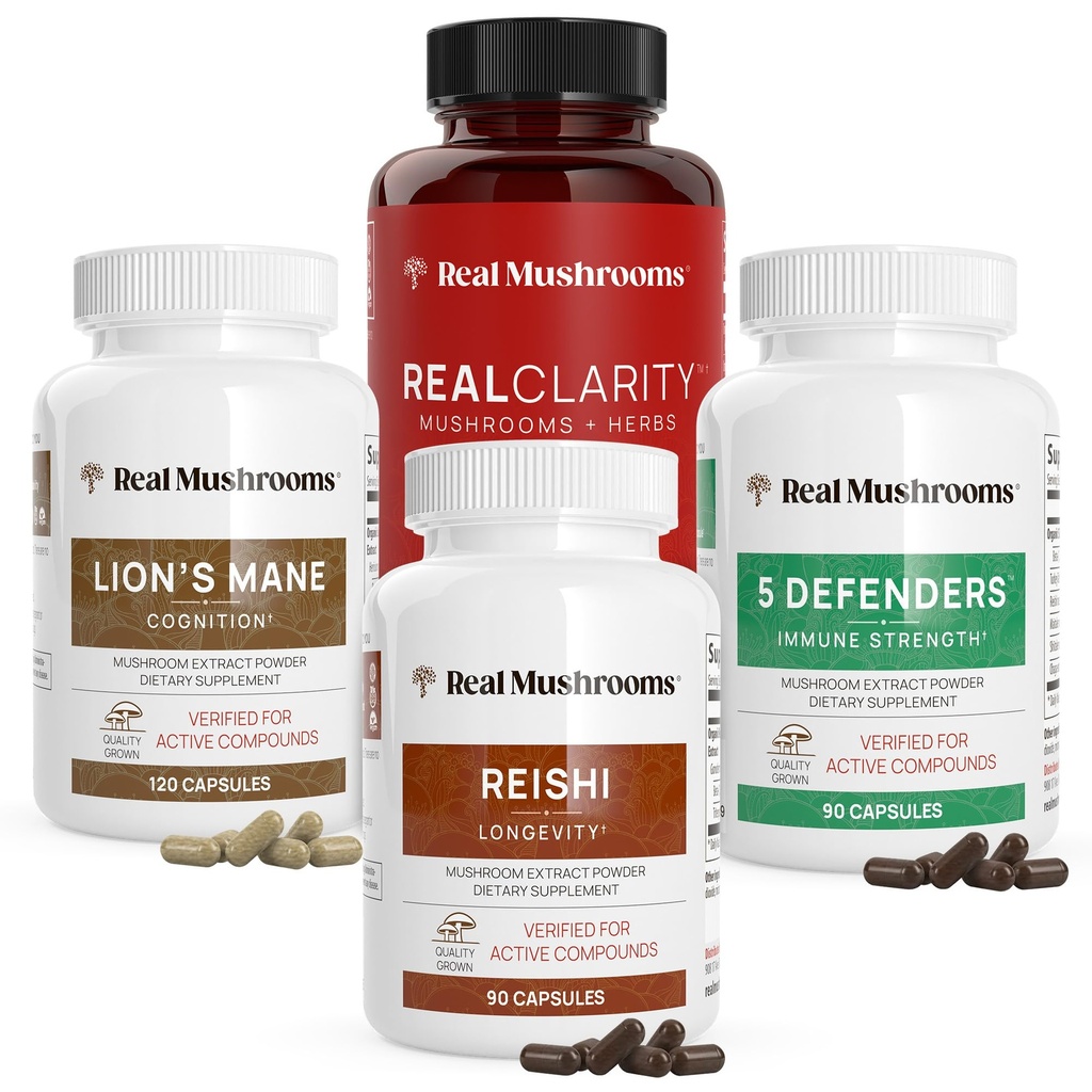 Real Mushrooms RealClarity (60ct), Lions Mane (120ct), Reishi (90ct) & 5 Defenders (90ct) Capsules - Mushroom Supplement for Cognitive Health, Longevity, Relaxation & Immune Support - Vegan, Non-GMO