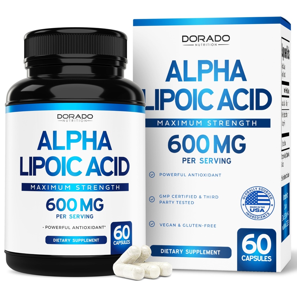 Alpha Lipoic Acid 600mg per Serving 60 Capsules - Potent Antioxidant for Neuropathy and Cardiovascular Health (ALA Supplement) - Third Party Tested, Non-GMO, Gluten Free, Vegan & USA Made