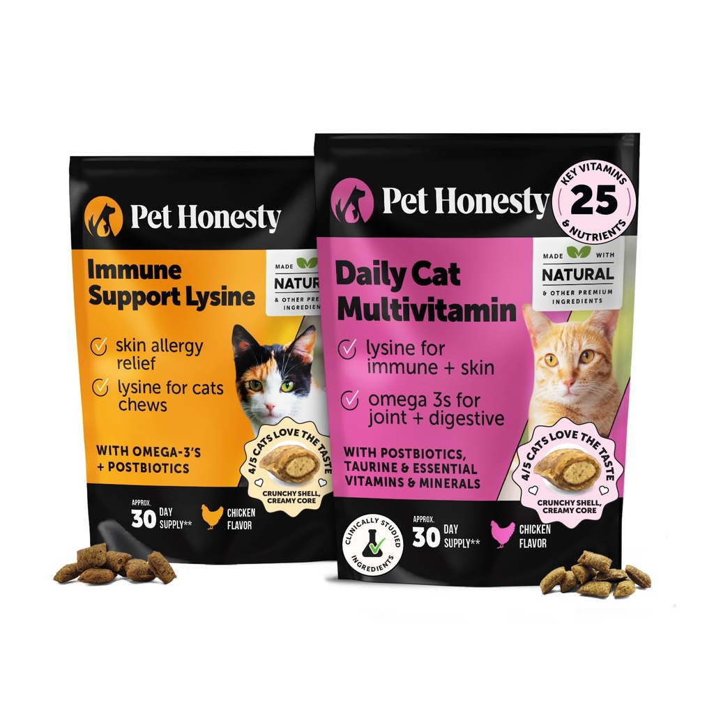 Cat Multivitamins + Immune Support Lysine Dual Texture Chew Supplement Bundle - Supports Overall Immune Health, Joints, Skin & Coat, and Cat Allergy Relief - Sneezing, Runny Nose