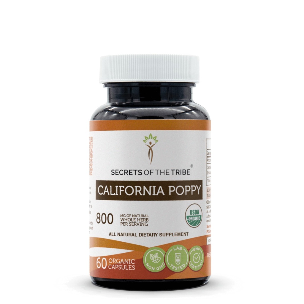 Secrets of the Tribe California Poppy USDA Organic 60 Capsules | Made with Vegetarian Capsules and Certified Organic California Poppy (Eschscholzia Californica) Dried Herb and Flower (60 Capsules)