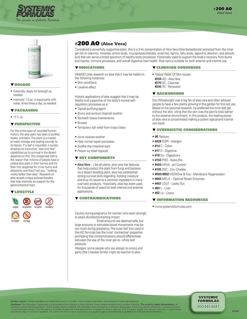 Systemic Formulas AO – Aloe Vera 16 Fl Oz BioExtract #200. 3-4x Concentration of Aloe Vera Extract from Inner Gel Rich. for Internal & External use.
