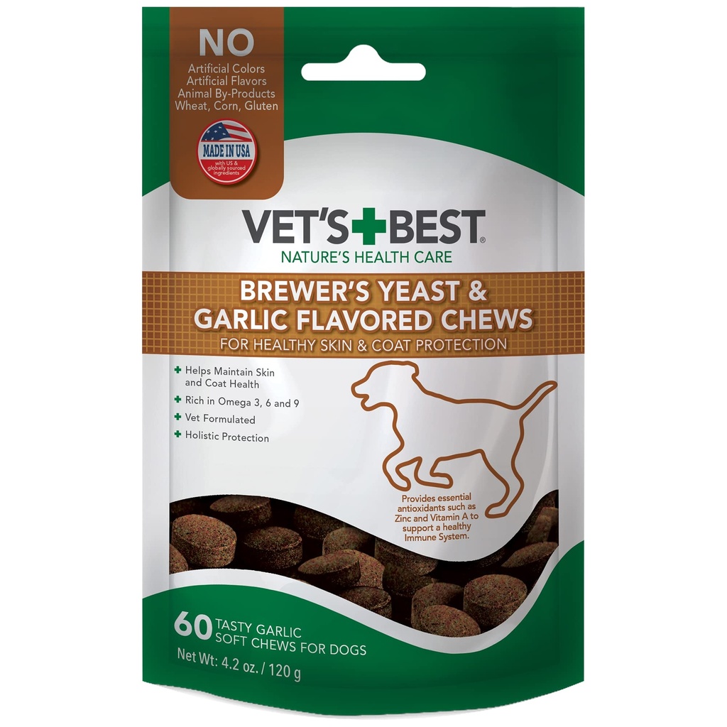 Vet's Best Brewer’s Yeast & Garlic Chews, Omega 3 for Dogs Healthy Skin & Coat Protection for Dogs, Dog Formulated with Veterinary Recommended Dosage, Garlic Supplements, 60 ct