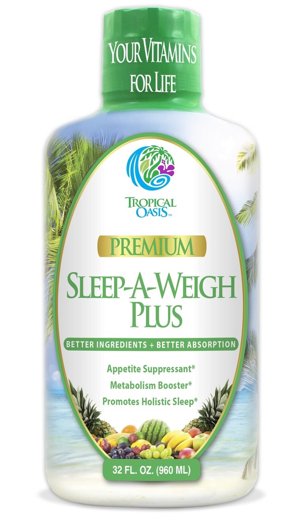 Tropical Oasis Sleep-A-Weigh Plus | Liquid Sleep Multimineral | w/Collagen, L-Carnitine, L-Lysine, Tonalin CLA, Apple Cider Vinegar, 5-HTP, Vitamins, 32 Fl Oz (Pack of 1), 33630