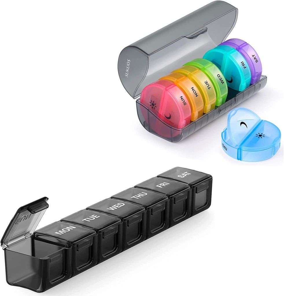 Sukuos 2 Pack Weekly Pill Organizer, Daily Pill Box 7 Day Pill Cases for Vitamins, Fish Oils or Supplements