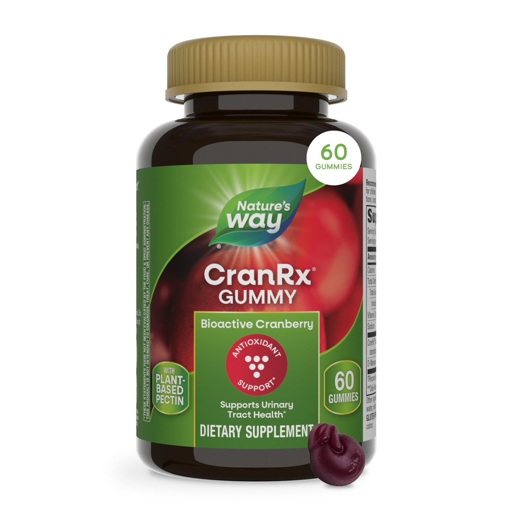 Nature's Way CranRx Cranberry Gummies, Urinary Tract Health and Antioxidant Support,* with Vitamin C, D-Mannose, Bioactive Cranberry Fruit Dietary Supplement, Berry Flavor, 60 Gummies