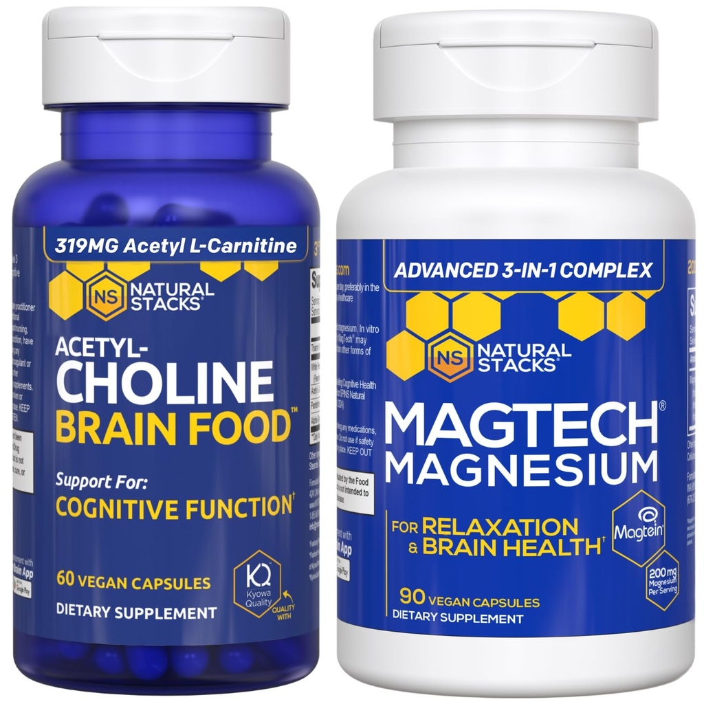 Natural Stacks Magtech Magnesium + Acetylcholine Brain Food Bundle - Supports Brain Health, Relaxation & Cognitive Function* - 150 Total Capsules