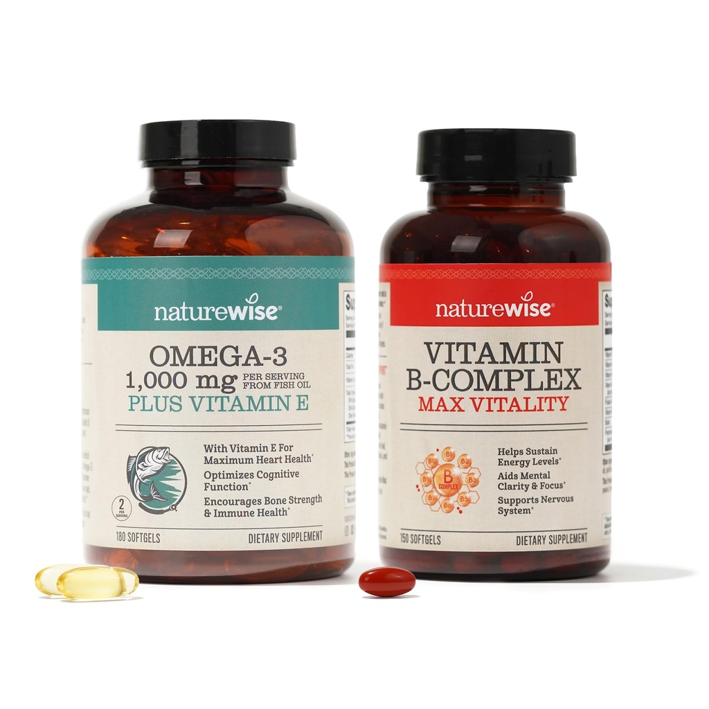 NatureWise 1000mg Omega 3 600mg EPA 400mg DHA with Vitamin E 180ct & Vitamin B Complex for Women and Men 150 Softgels[5-Month Supply]