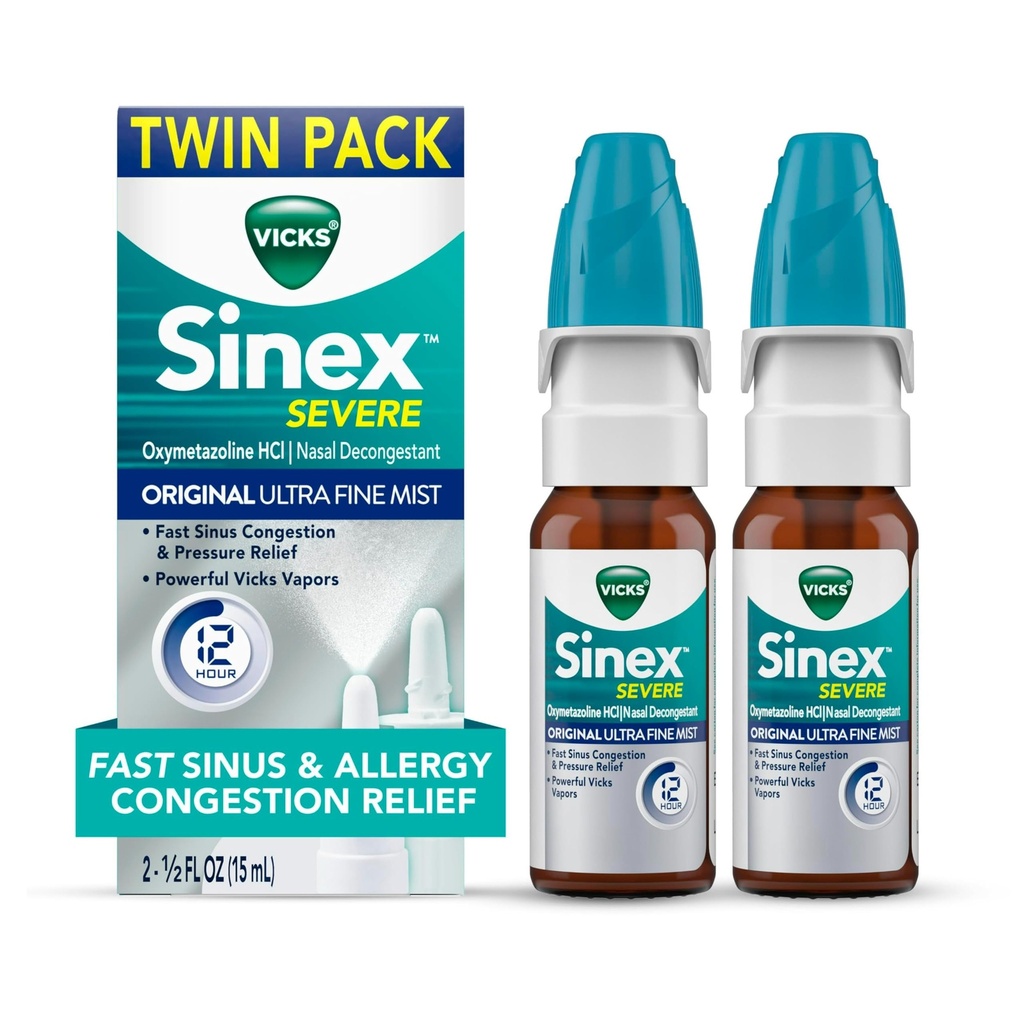Vicks Sinex Severe Allergy & Sinus Nasal Spray, Original Ultra Fine Mist, Decongestant Relief from Nasal Congestion, Sinus Pressure Relief, 265 Sprays (2 Count)