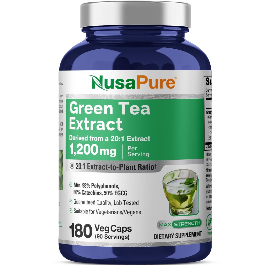 NusaPure Green Tea Capsules, 1200 mg, 180 Veggie Capsules (Non-GMO, Vegan)