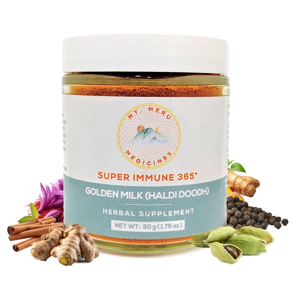 Mt.Meru Medicines Ayurvedic Haldi Doodh/Golden Milk Superblend- with Immune Boosting Formula, Gluten-Free, for Brain Health, Gut Support with High Curcumin Lakadong Turmeric (1.76oz/50g)