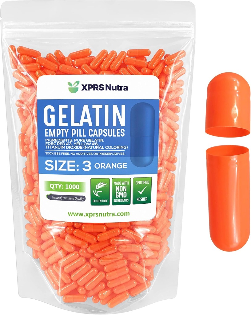 XPRS Nutra Size 3 Empty Capsules - 1000 Count Empty Gelatin Capsules - Pills DIY Capsule Filling - Pure Bovine Pill Gel Caps Fillable for Do-It-Yourself Vitamins and Supplements (Orange)