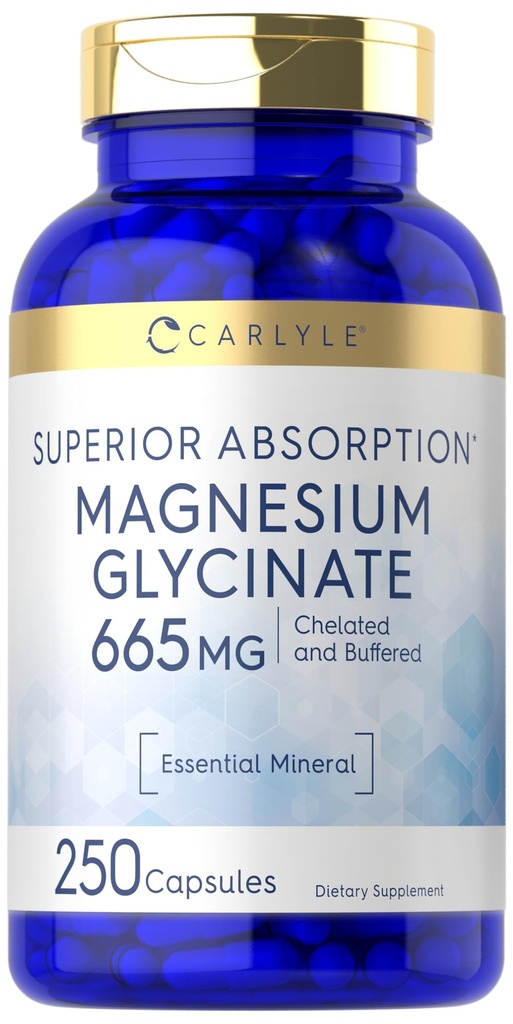 Carlyle Magnesium Glycinate | 665 mg | 250 Capsules | Non-GMO and Gluten Free Formula | Essential Buffered Mineral Supplement