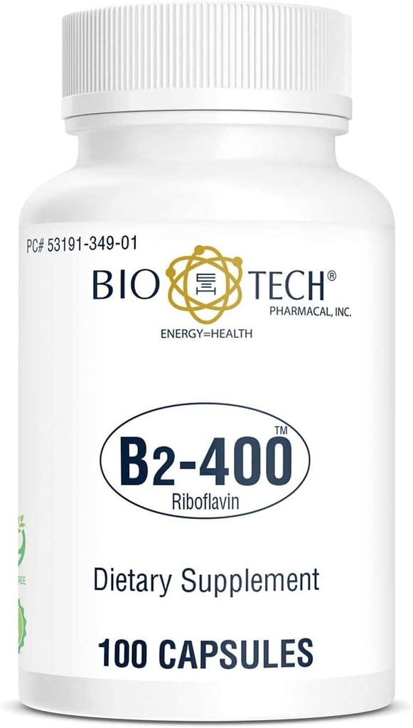 Bio-Tech Pharmacal B2-400, 100 Capsules – All-Natural Supplement – Supports Clarity and Productivity – No Dairy, Fish, Gluten, Peanut, Shellfish, GMOS, & Soy – No Artificial Colors