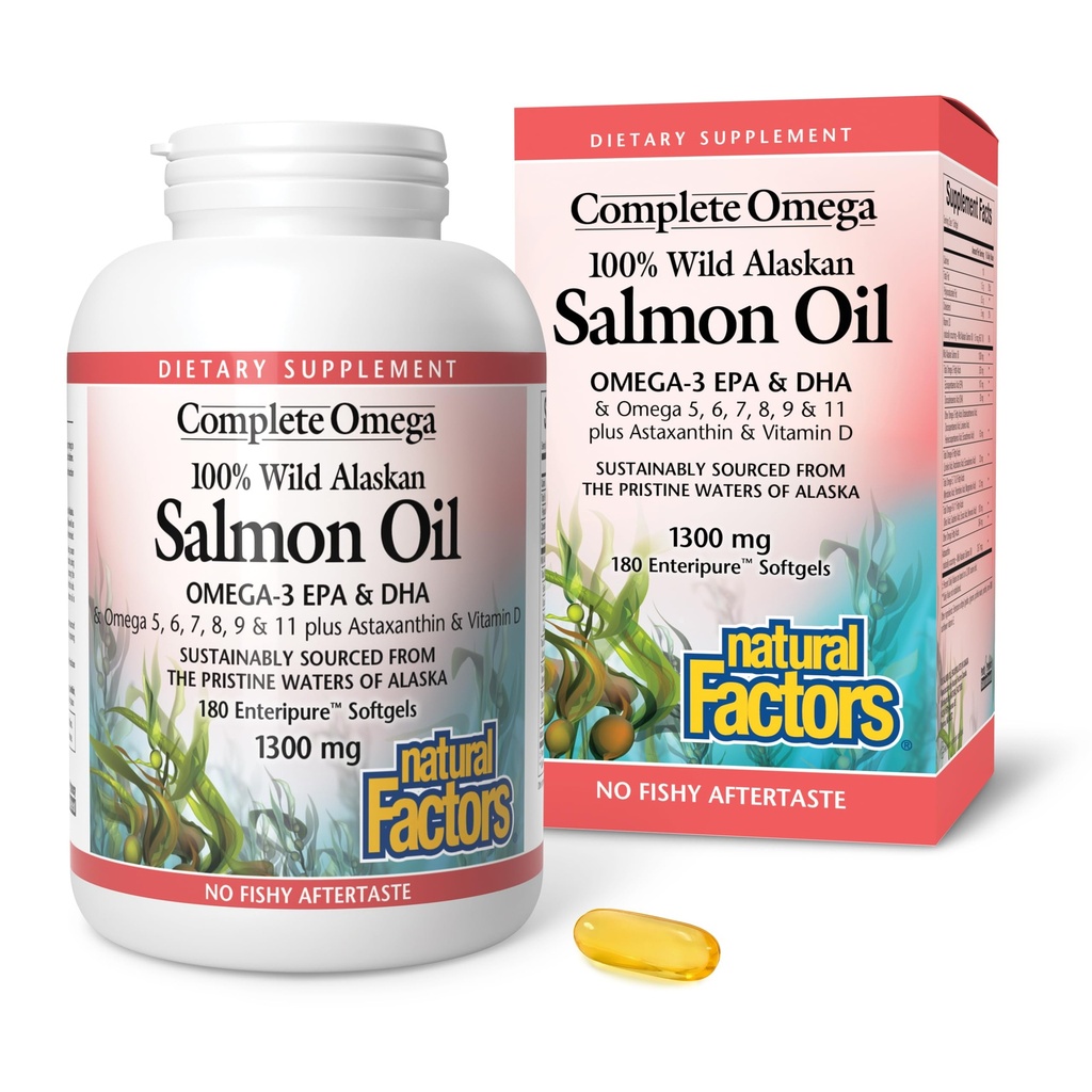 Complete Omega by Natural Factors, Wild Alaskan Salmon Oil, Supports Heart and Brain Health with Omega-3 DHA and EPA, 180 softgels (180 servings)