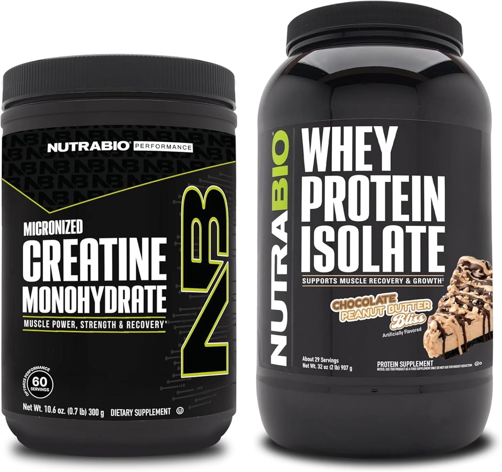 NutraBio Creatine Monohydrate, Unflavored, 300g and Whey Protein Isolate, Chocolate Peanut Butter, Supplement Bundle - Muscle Energy, Lean Muscle Growth, Recovery, and Strength