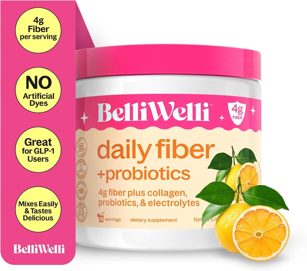 BelliWelli Fiber Supplement for Women & Men – Premium Daily Fiber Powder from Organic Acacia with Added Collagen, Electrolytes & Probiotics – No Bloat, Constipation & Gut Health Support (Orange Yuzu)