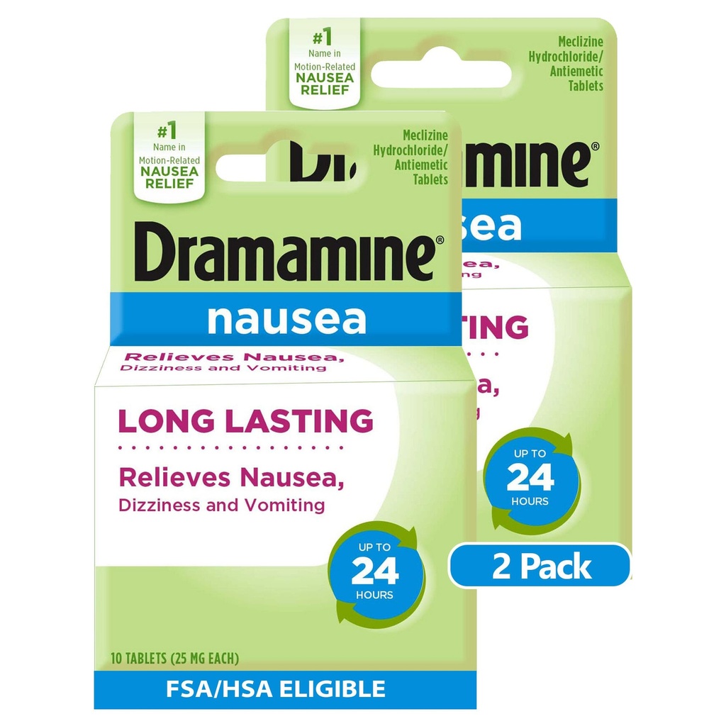 Dramamine Nausea Relief Tablets, Long-Lasting Anti-Nausea Support with 25mg Meclizine HCI, 10 Count, Pack of 2