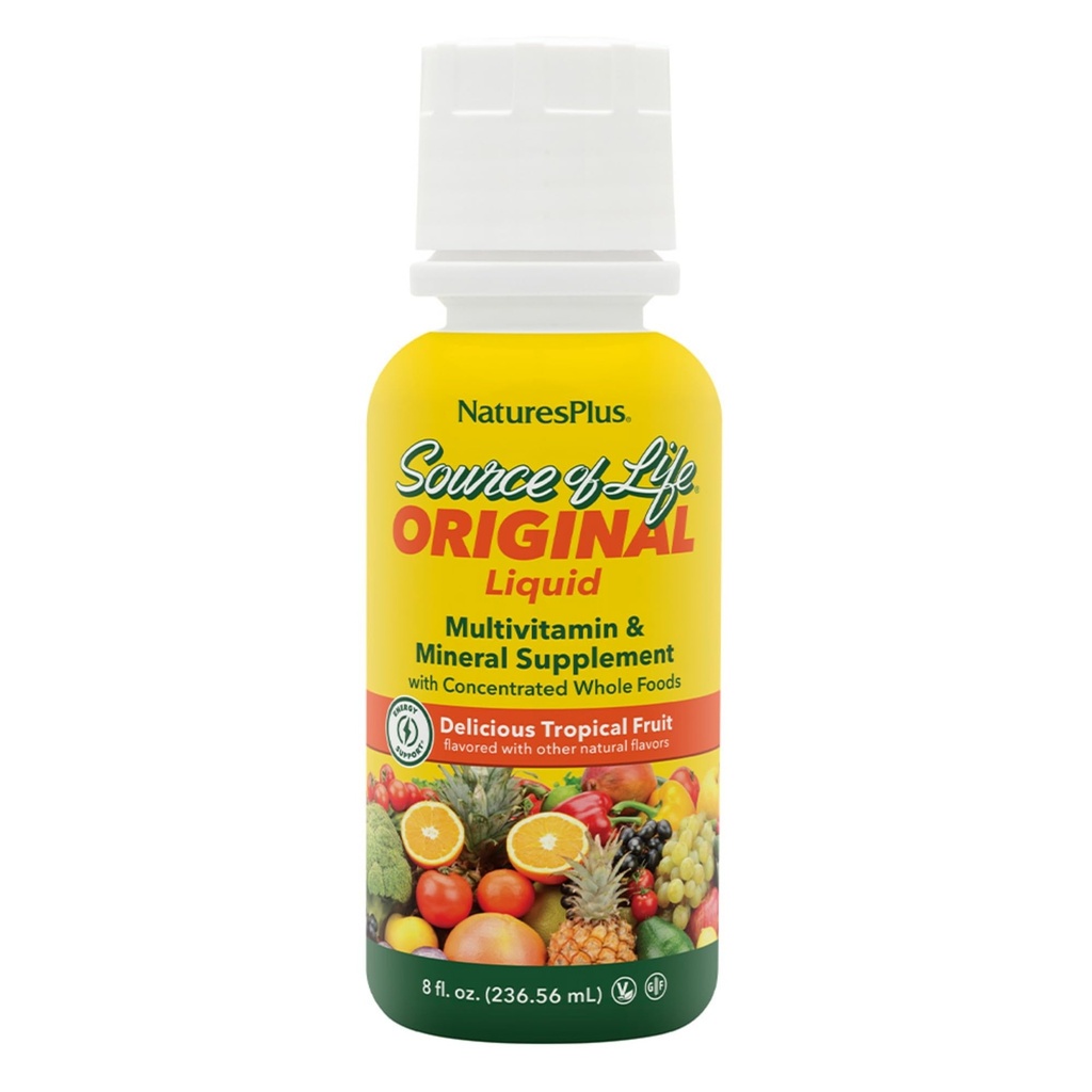 NaturesPlus Source of Life Liquid, Tropical Fruit - 8 fl oz - Multivitamin & Mineral Supplement - Gluten Free, Vegetarian - 8 Servings