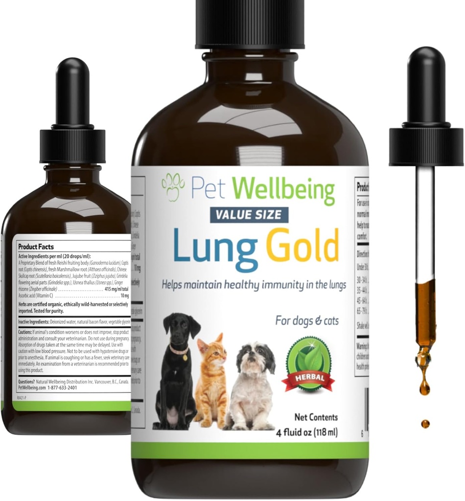 Pet Wellbeing Lung Gold for Dogs & Cats - Vet-Formulated - Lung & Respiratory Immune Support, Open Airways, Easy Breathing - Natural Herbal Supplement 4 oz (18 ml)