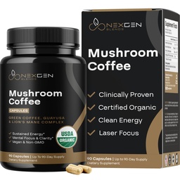 100% Organic Mushroom Coffee Capsules - Natural Energy Supplement with 130mg Caffeine from Clinically Proven Patented Green Coffee Bean & Guayusa Extracts for Jitter-Free Energy & Focus (90 Servings)