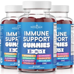 NEW AGE 8 in 1 Immune Support Booster Supplement with Astragalus Root, Vitamin C and Zinc 50mg, Vitamin D 5000 IU, Quercetin & Bromelain (8 in 1 Gummies (Pack of 3))