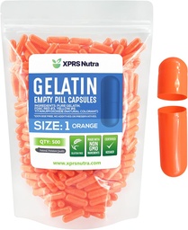 XPRS Nutra Size 1 Empty Capsules - 500 Count Empty Gelatin Capsules - Pill DIY Capsule Filling - Pure Bovine Pill Gel Caps for Do-It-Yourself Supplements (Orange)