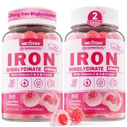 Iron Bisglycinate 26mg Filled Gummies- Gentle Beet Root Iron Gummy plus Vitamin C, Supplement Iron with B12 & Folate for Women & Men, Iron Deficiency, Immune & Energy Support, Sugar-Free, Vegan,120Cts