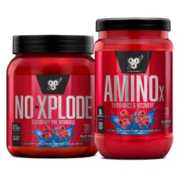 BSN Workout Bundle of NO XPLODE Pre Workout Powder Blue Raz, 30 Servings Amino X Muscle Recovery Intra Workout Support, Caffeine Free Blue Raz, 30 Servings
