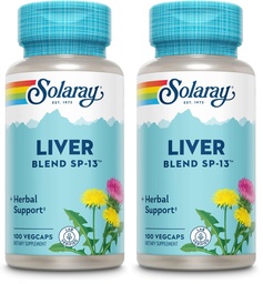 SOLARAY Liver Blend SP-13 - Traditional Herbal Support with Milk Thistle Extract, Dandelion Root, Burdock, Kelp, Peppermint and Trace Minerals - 60-Day Guarantee, 100 Servings, 100 VegCaps (Pack of 2)