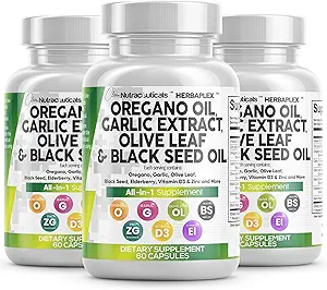 Clean Nutraceuticals Oregano Oil Garlic Extract Olive Leaf Black Seed Oil - Immune Support & Digestive Health Supplement for Women and Men with Vitamin D3 & Zinc - 3Pack