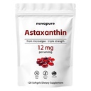 NuvaPure Astaxanthin 12mg Softgels – Triple Strength Astaxanthin from Microalgae, Non-GMO, Gluten Free, Antioxidant Dietary Supplement, 120 Softgels