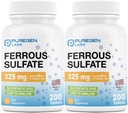 Puregen Labs Ferrous Sulfate 325 mg (65 mg Elemental Iron) High Potency Iron Supplement | No Artificial Color Additives - Total 400 Tablets Made in USA