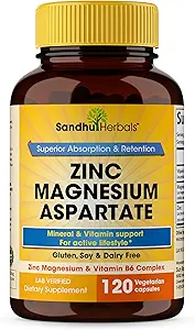SANDHUHERBALS Zinc Magnesium Aspartate Supplement 120 Capsules| with Vitamin B6 & Zinc | High Absorption, Sleep and Immune Support | for Men & Women