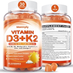 Vitamin D3 K2 Gummies for Adults - Vitamin D3 5000IU + K2 (MK-7) 120mcg - Sugar-Free D3 and K2 Supplements with Omega-3, Methyl B12, B9, B6, Vitamins E & Zinc - for Calcium Absorption & Immune Health