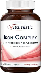 Iron Supplement for Women, 36 mg Elemental Iron, Non-GMO & Non-Constipating, Ferrous Bisglycinate, Plus B & C Vitamins, Blood-Building & Energy Support, 60 Vegan Caps