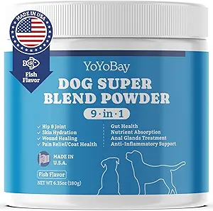 Supplements for Dogs, Dog Supplements Super Blend Powder 9 in 1, Vitamins for Dog, with Iceland Fish Powder, Support Gut Health, Hip and Joint, Multivitamin Support, 6.35oz, Fish Flavor