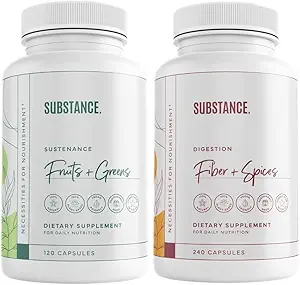 SUBSTANCE. Bundle: Nature's Sustenance Daily Fruits & Veggies (120 Capsules) + Nature's Fiber & Spices (240 Capsules) - Enhance Digestive Health, Energy & Overall Wellness - US Made, Vegan-Friendly