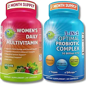 Women’s Multivitamin & Probiotic Support Bundle – 3-in-1 Probiotic with Digestive Enzymes & Prebiotic & Women’s Daily Multivitamin with Iron – Vegan, Non-GMO, Clean Daily Wellness Support
