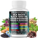 Sea Moss Black Seed Oil Ashwagandha Ginger Burdock Bladderwrack Turmeric & Vitamin C Vitamin D3 with ACV Elderberry Chlorophyll Dandelion Yellow Dock Vegan Capsules - 60 Count