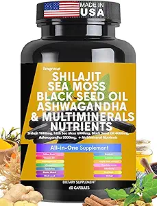 Shilajit Sea Moss Black Seed Oil Ashwagandha Burdock Vitamin C & D3 with Elderberry rhodiola rosea Dandelion Yellow Dock Turmeric ACV