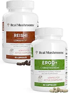 Real Mushrooms Ergothioneine (60ct) and Reishi 415 (90ct) Bundle with Shiitake and Oyster Mushroom Extracts - Longevity and Relaxation -Vegan, Gluten Free, Non-GMO - Natural Support for Healthy Aging