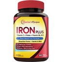Doctor's Recipes Iron Supplement for Women Men - Gentle Iron Bisglycinate with Vitamin C, B6, Folate & B12, Stomach Friendly Iron Pills, 60 Vegan Caps