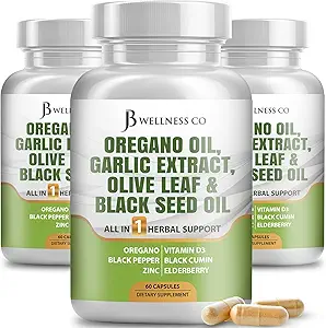 JB Wellness Oregano Oil, Garlic Extract, Olive Leaf, with Astragalus - Immune Support & Digestive Health Supplement for Women and Men - 180 Count