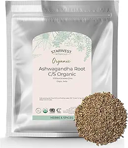 Starwest Botanicals Organic Ashwagandha Root for Women & Men - Dried Herb for Tea, Capsules, & Natural Herbal Blends, Cut & Sifted, Certified Kosher, Non-GMO - Bulk 1 lb Bag