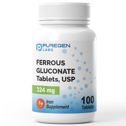 Puregen Labs Ferrous Gluconate 324 mg High Potency Iron, 100 Tablets