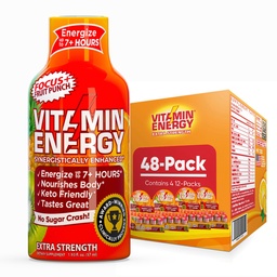 Vitamin Energy Focus+ Extra Strength Energy Shot Fruit Punch 48 Pack, 260mg Natural Caffeine, B-Vitamins, CoQ10, Amino Acids, Focus, Productivity & Clarity, Zero Sugar, Gluten-Free, 1.93 fl oz